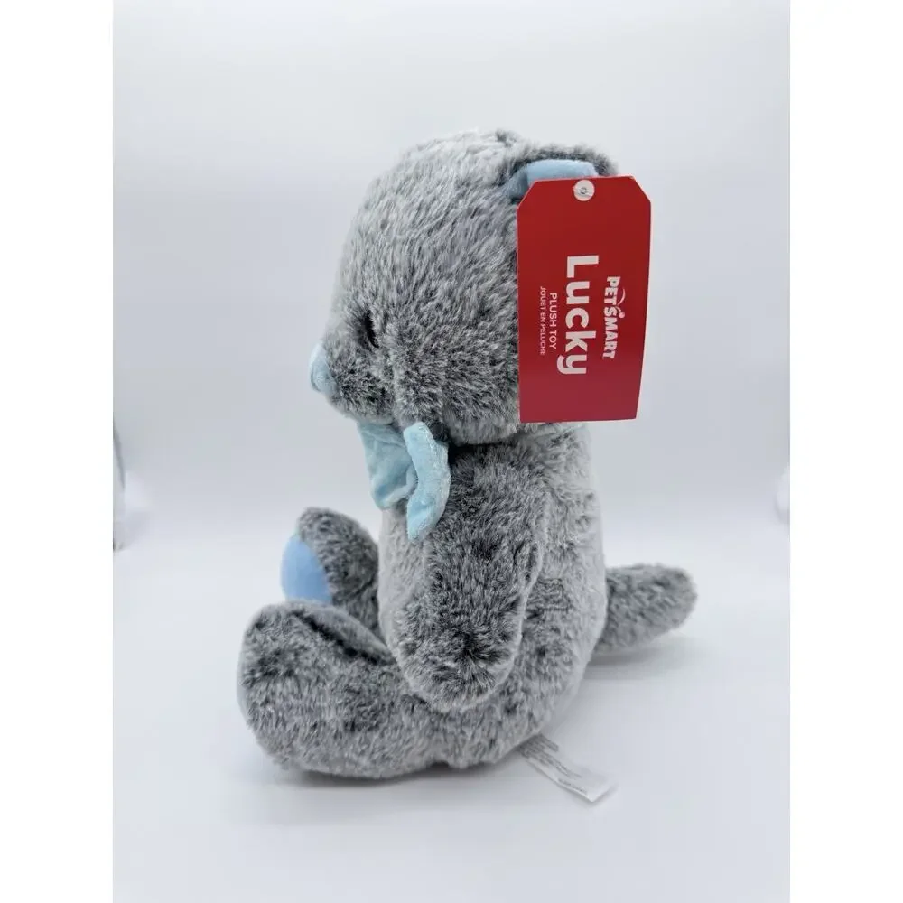 Petsmart 2025 Lucky the Cat Grey & Blue Bow Squeaky Chew Dog Toy Plush 10.5